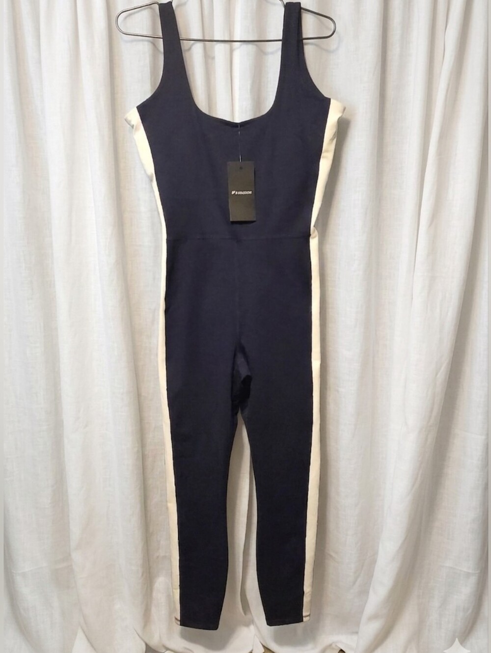Fabletics Navy PowerHold Jumpsuit with Ivory Side Panels